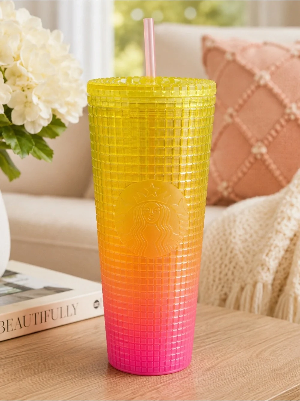 Starbucks Pink & Yellow Ombre Studded Cold Cup Tumbler 24 oz with Straw